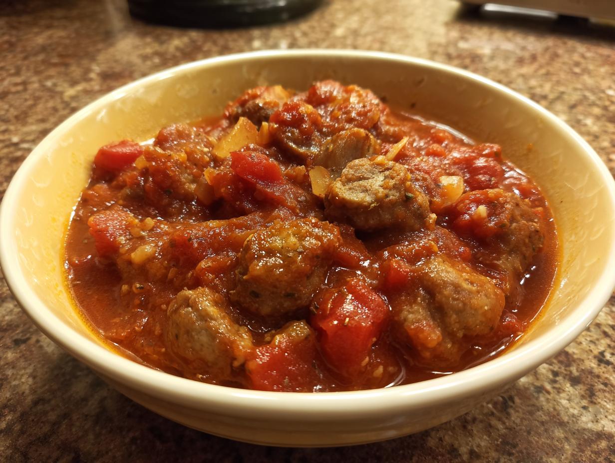 Eine Schüssel mit herzhaftem Würstchengulasch, zubereitet nach einem schnellen Rezept.