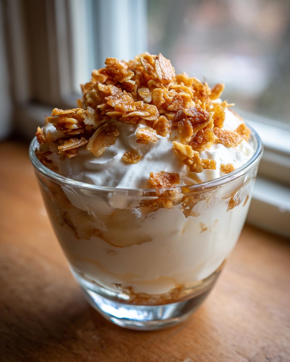 Ein Glas Zimtparfait mit Mandelkrokant, geschichtet mit Sahne und knusprigem Krokant.