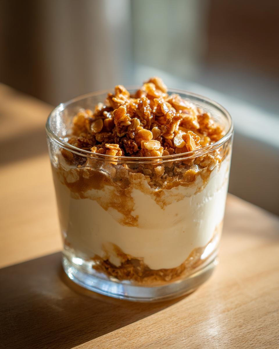 Ein Glas Zimtparfait mit Mandelkrokant, geschichtet mit cremiger Masse und knusprigen Mandelsplittern.