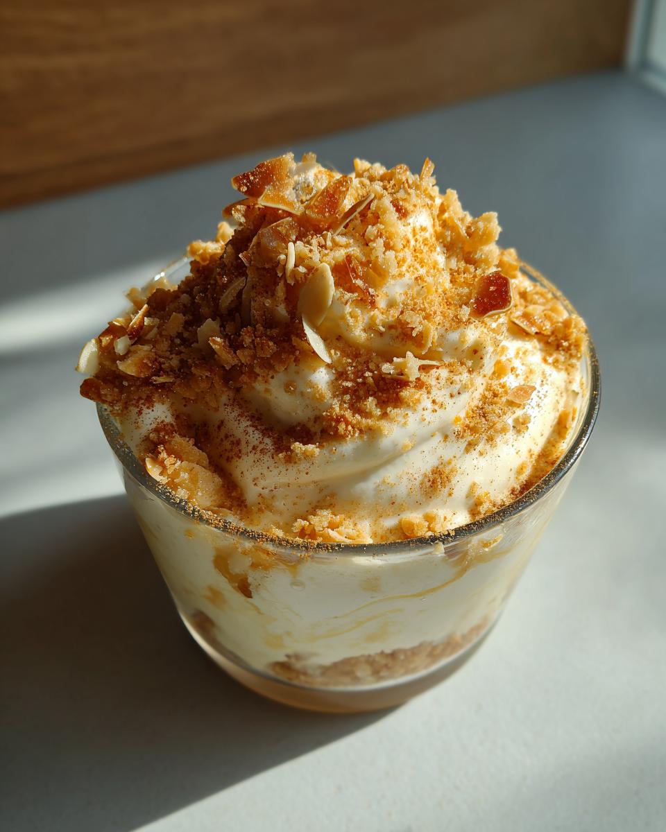 Ein Glas Zimtparfait mit Mandelkrokant, dekoriert mit Schlagsahne und Zimt.