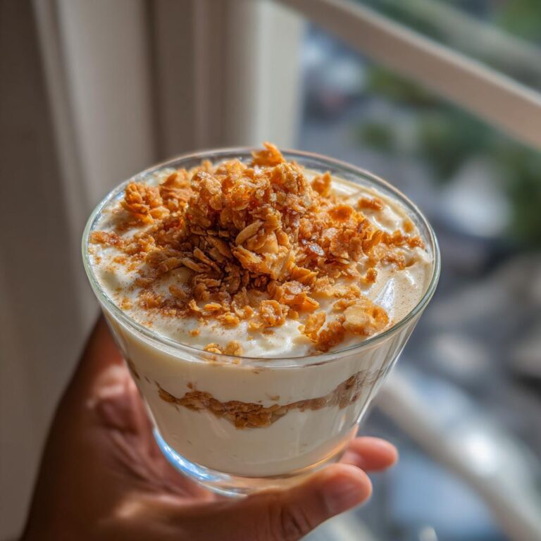 Ein Zimtparfait mit Mandelkrokant in einem Glas, das von einer Hand gehalten wird.