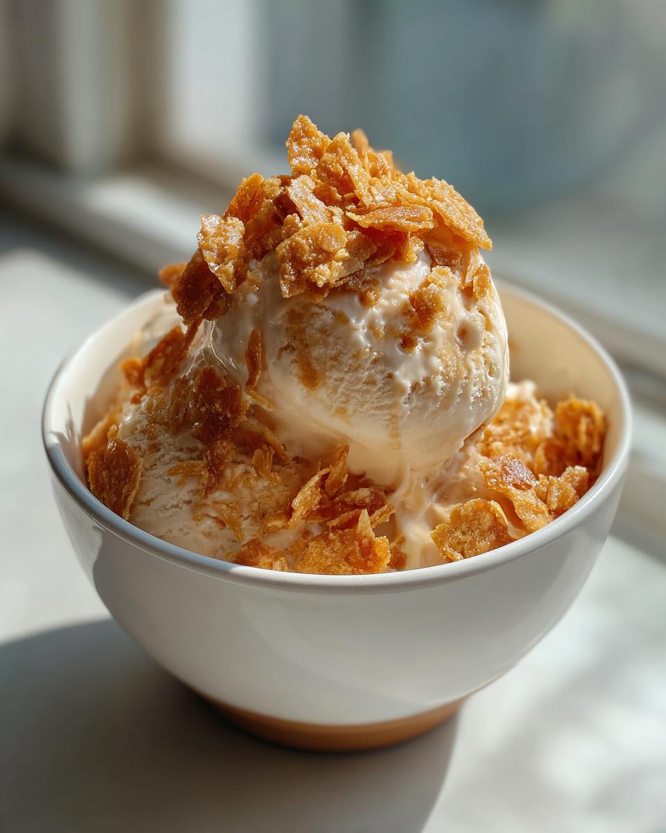 Zimtparfait mit Mandelkrokant in einer weißen Schüssel, garniert mit knusprigen Mandelkrokant-Flocken.