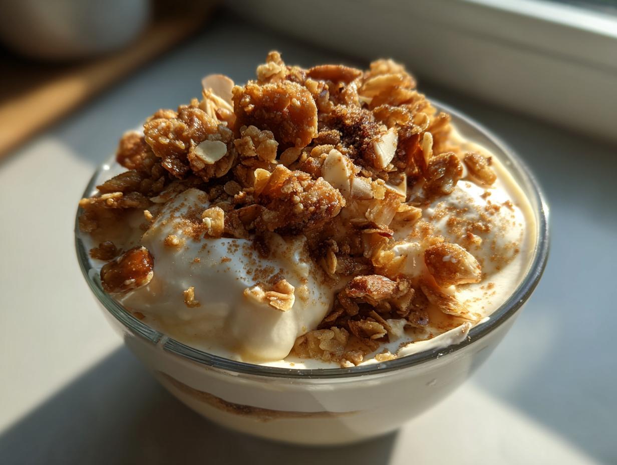 Ein Glas Zimtparfait mit Mandelkrokant, garniert mit Zimt und Mandelsplittern.