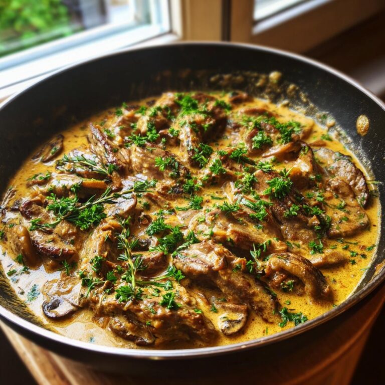 A close-up of Zürcher Geschnetzeltes in a pan, featuring tender meat strips in a rich cream sauce with mushrooms and fresh herbs.