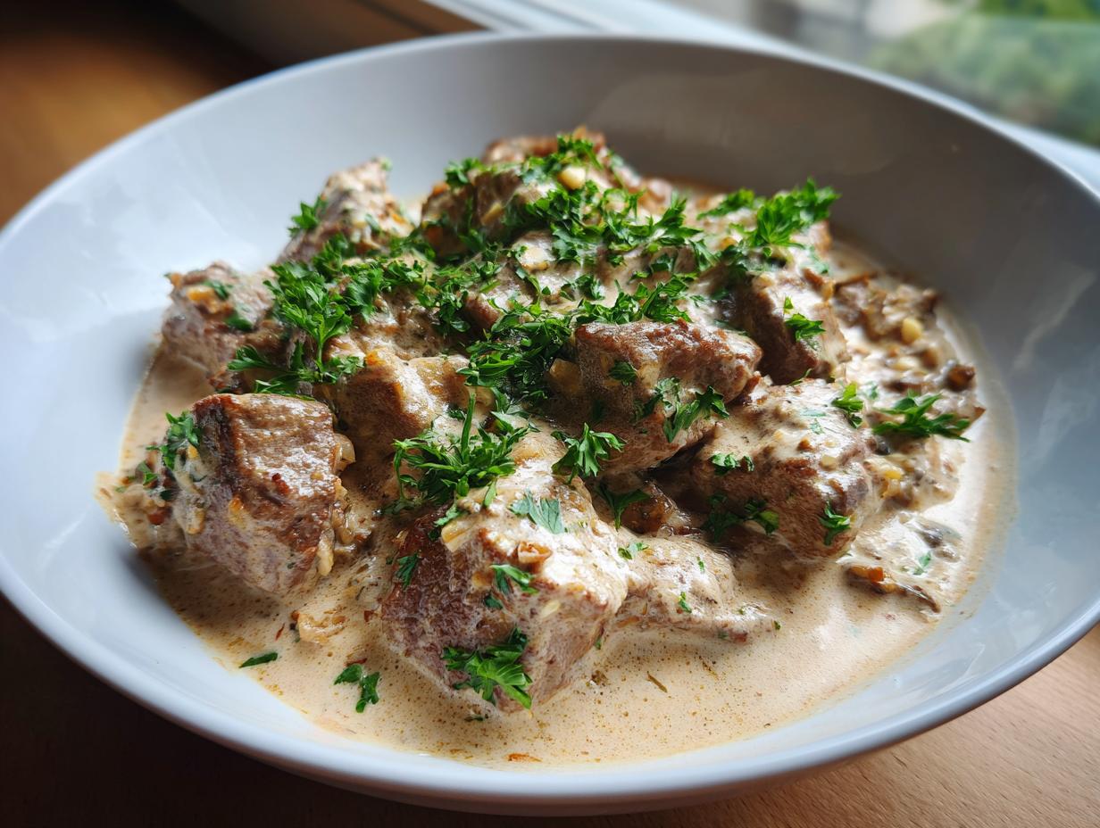 A close-up of Zürcher Geschnetzeltes in a white bowl, featuring tender meat in a rich, creamy sauce, garnished with fresh parsley.