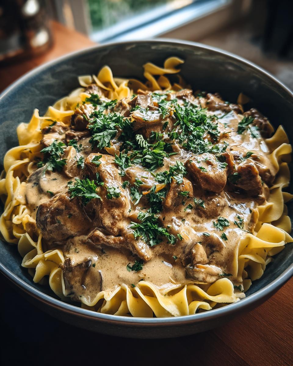 A bowl of Zürcher Geschnetzeltes served over wide egg noodles, garnished with fresh parsley.