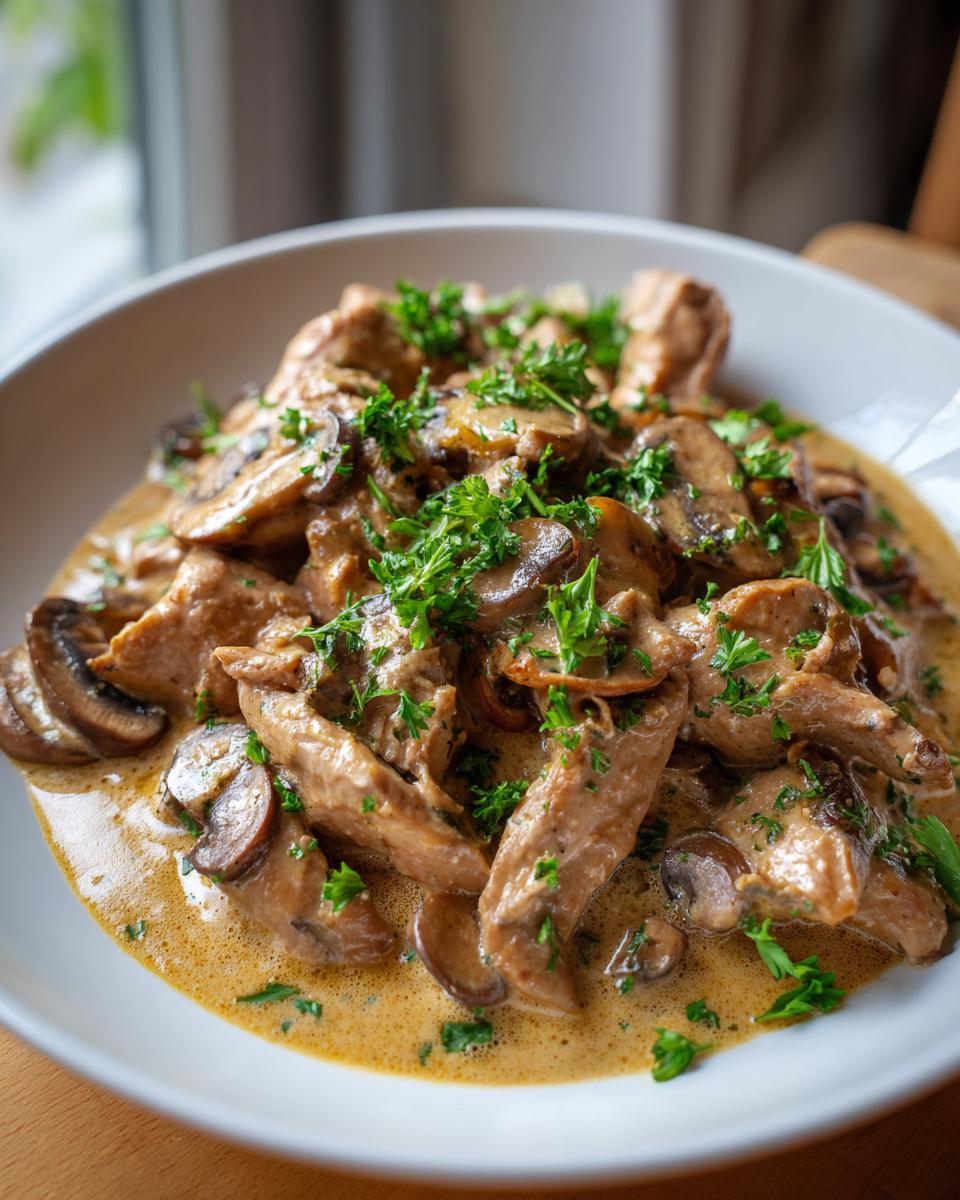A close-up of Zürcher Geschnetzeltes, featuring tender veal strips in a creamy mushroom sauce, garnished with fresh parsley.