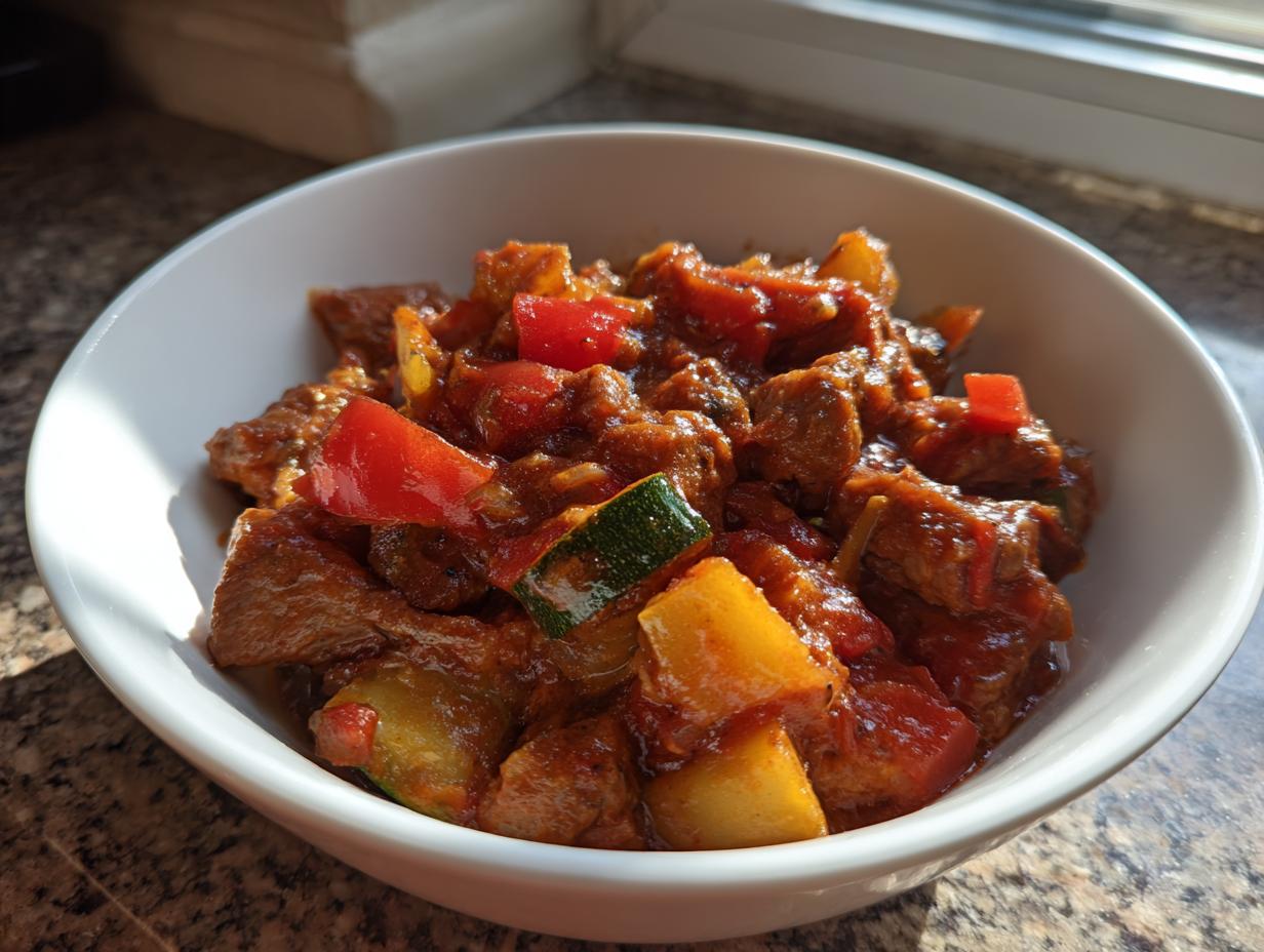 Einfaches Putengulasch mit Paprika und Zucchini - Featured