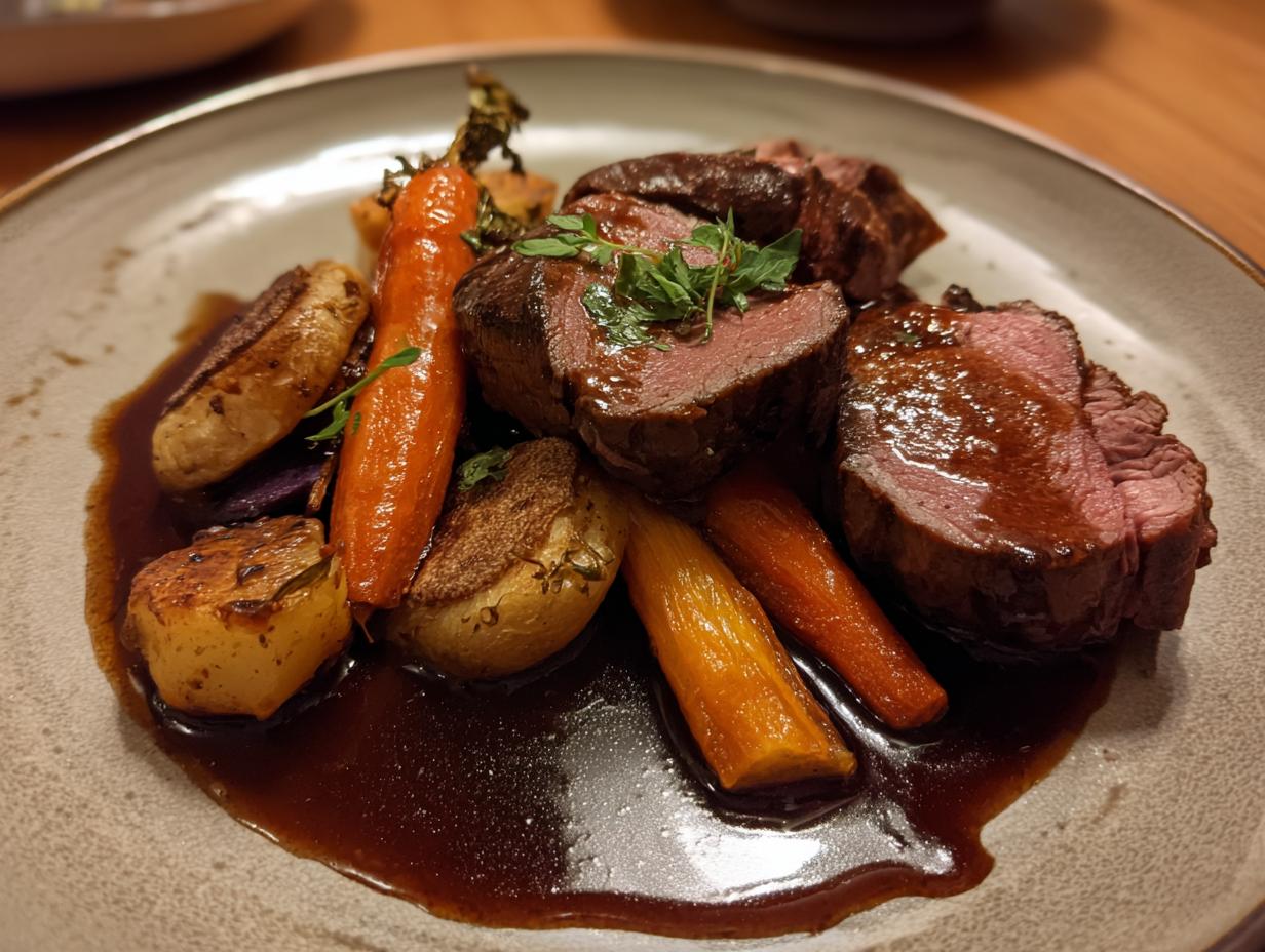 Heimisches Wild auf Gin Jus, Baumkuchen und Wintergemüse - Featured