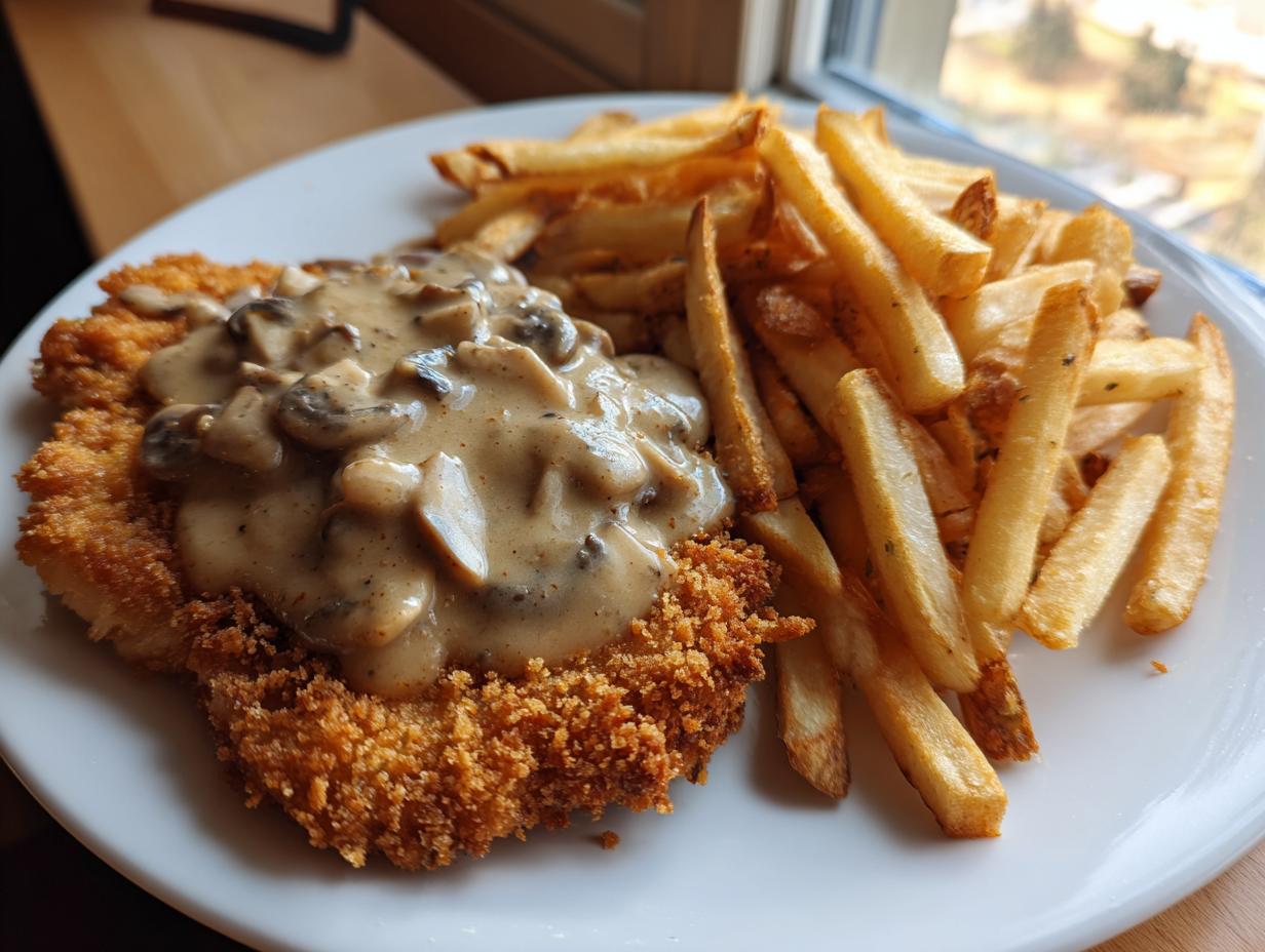 Jägerschnitzel mit Jägersoße mit Pommes & Champignons - Featured