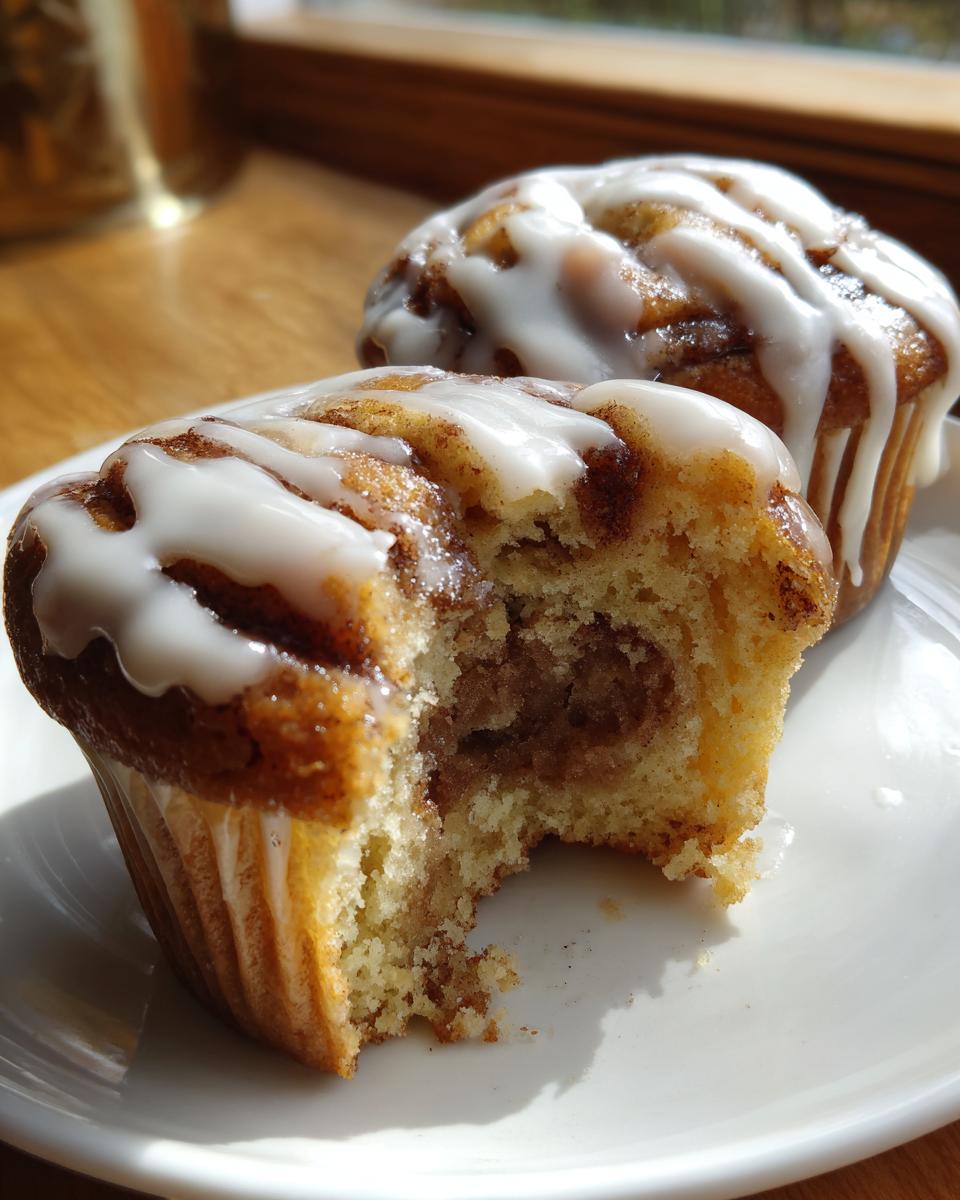 Nahaufnahme von Zimtschnecken-Cupcakes, einer davon angeschnitten, mit reichlich weißem Zuckerguss.
