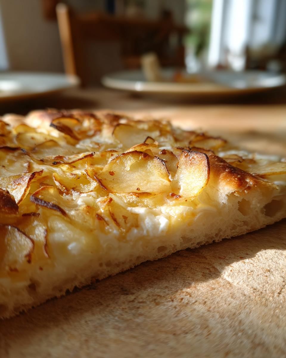 Nahaufnahme eines Stücks Kartoffelpizza mit knusprig gebackenen Kartoffelscheiben und cremiger Käsebasis.