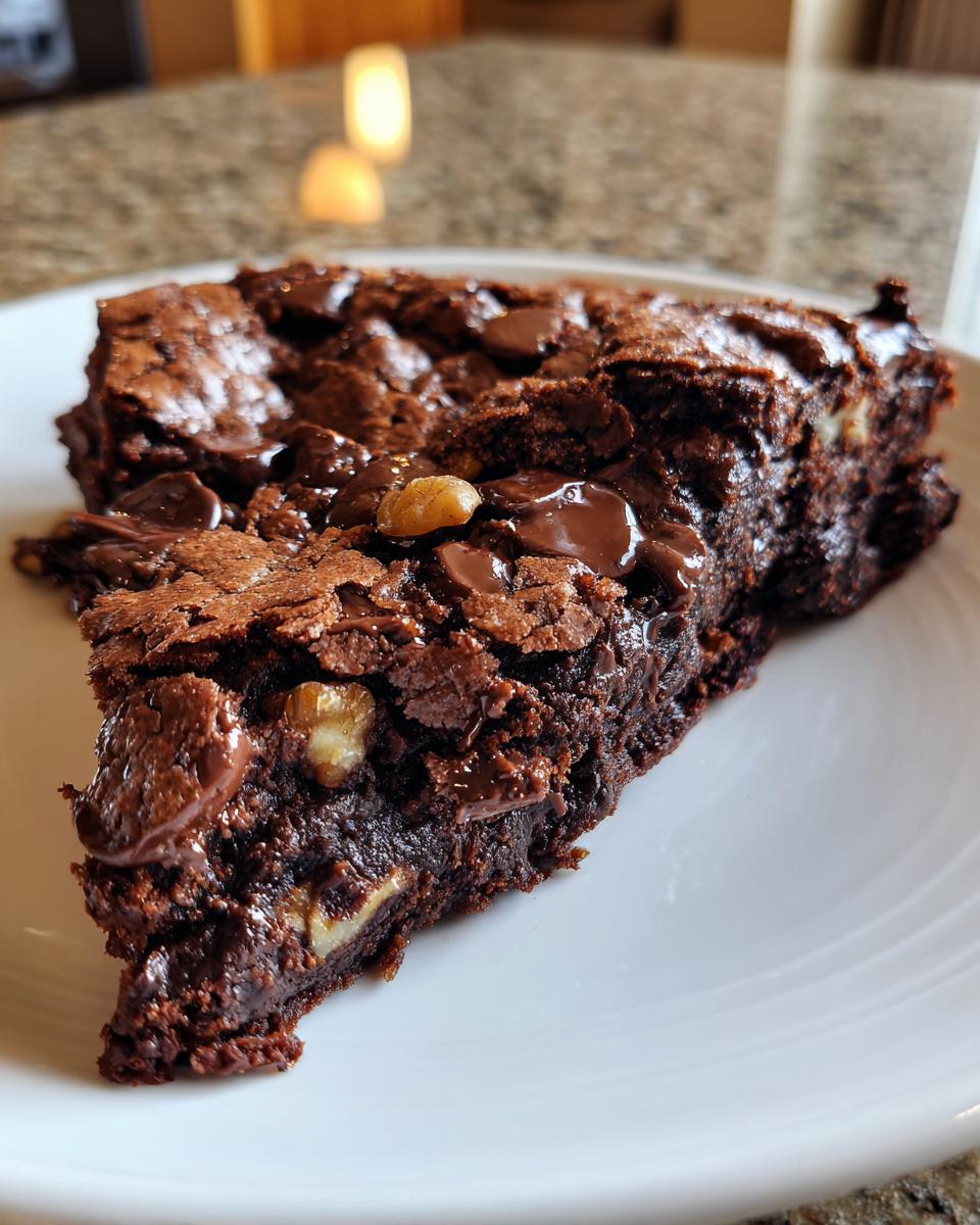 Nahaufnahme eines dicken Stücks Riesige Schokokekse, reich an geschmolzenen Schokoladenstücken und Walnüssen auf einem weißen Teller.