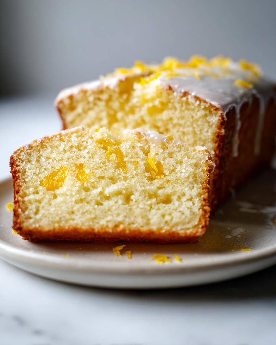Nahaufnahme eines angeschnittenen Zitronen-Joghurt-Kuchen mit Zitronenglasur und Abrieb.