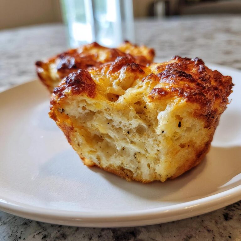 Nahaufnahme eines angeschnittenen Zwiebelkuchen Muffins mit goldbrauner Kruste und fluffigem Inneren.