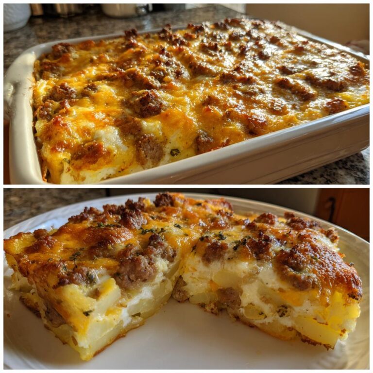 Ein goldbraun gebackener Arme-Leute-Ehemann Auflauf mit geschmolzenem Käse und Hackfleischstücken, einmal im Auflaufform und einmal als Portion auf einem Teller.