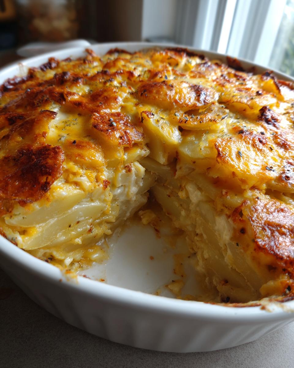 Nahaufnahme eines gebackenen Arme-Leute-Ehemann Auflauf mit goldbrauner Käsekruste und geschichteten Kartoffeln.