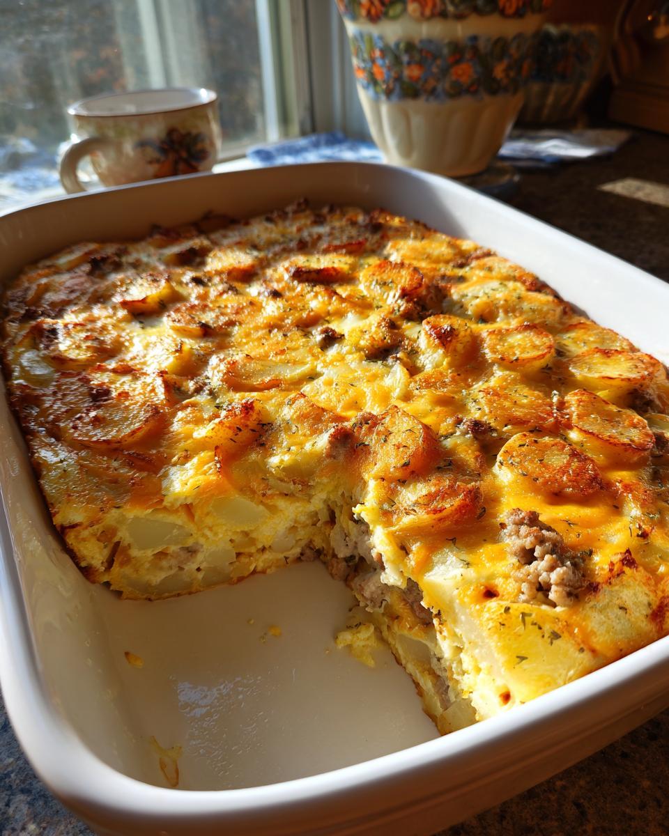 Ein goldbraun gebackener Arme-Leute-Ehemann Auflauf mit Kartoffelscheiben und Hackfleisch in einer weißen Auflaufform.