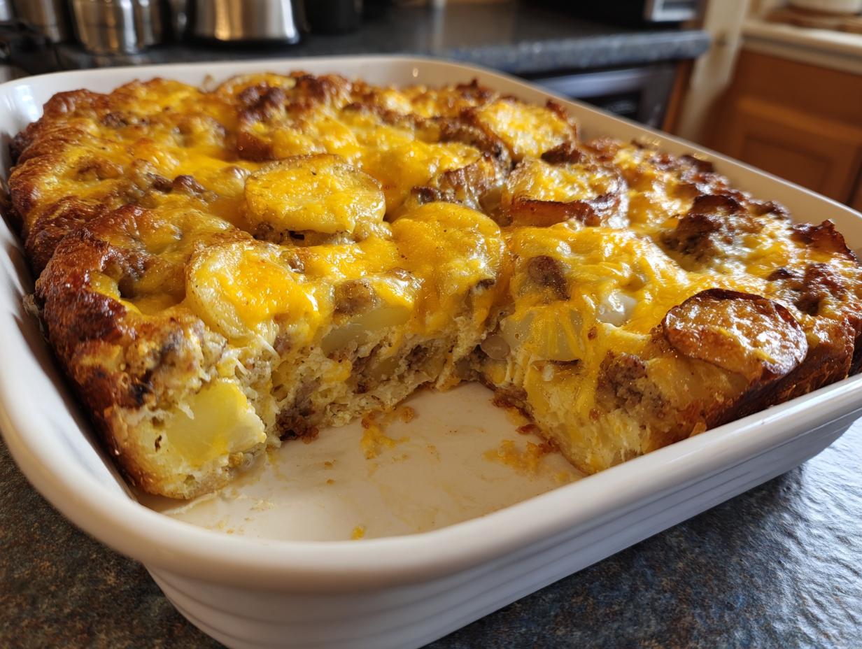 Ein gebackener Arme-Leute-Ehemann Auflauf mit Kartoffelscheiben und Hackfleisch in einer weißen Auflaufform.