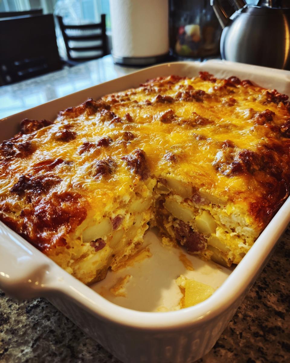 Ein gebackener Arme-Leute-Ehemann Auflauf in einer weißen Auflaufform mit goldbrauner Käsekruste und sichtbaren Kartoffelschichten.