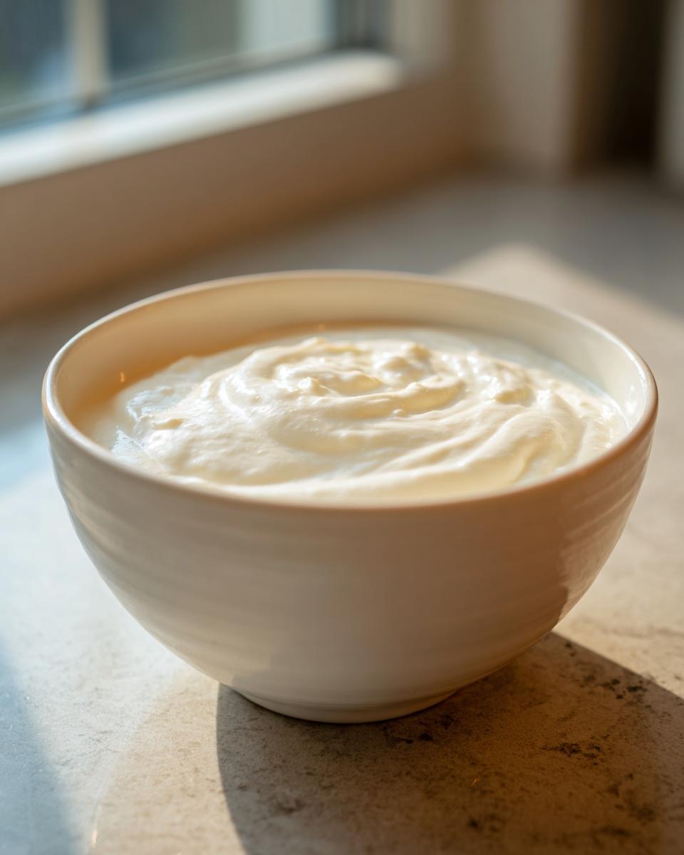 Eine weiße Schüssel gefüllt mit cremiger, glatter Bechamelsauce rezept, beleuchtet durch natürliches Licht.
