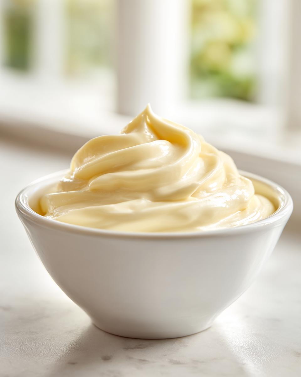 Nahaufnahme einer perfekt glatten, cremigen Bechamelsauce rezept in einer kleinen weißen Schale.