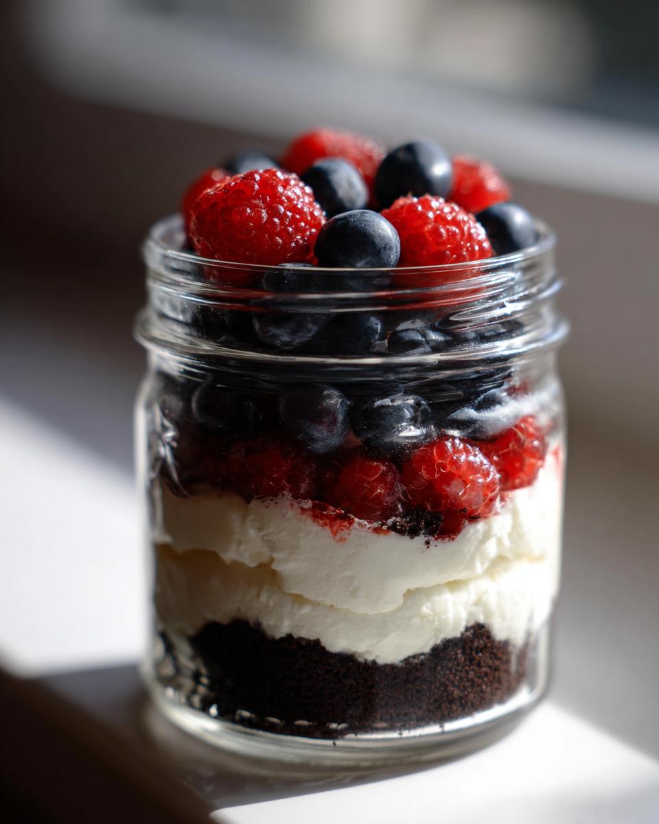 Nahaufnahme eines Schichtdessert im Glas mit Schokoboden, weißer Creme, Himbeeren und Blaubeeren.