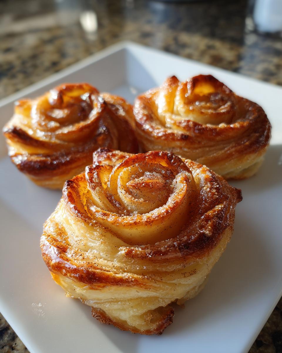 Drei goldbraun gebackene Blätterteig-Apfelrosen, bestreut mit Zimt und Zucker, auf einem weißen Teller.