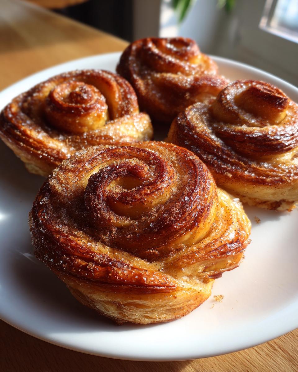 Vier goldbraune Blätterteig-Apfelrosen, bestreut mit Zimt und Zucker, auf einem weißen Teller.