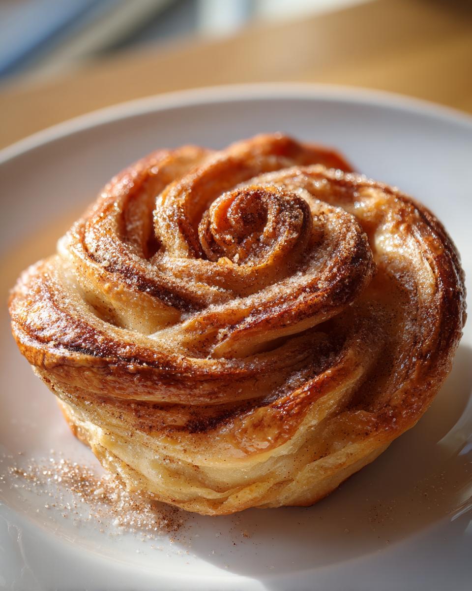 Nahaufnahme einer fertigen Blätterteig-Apfelrose, bestreut mit Zimt und Zucker, auf einem weißen Teller.