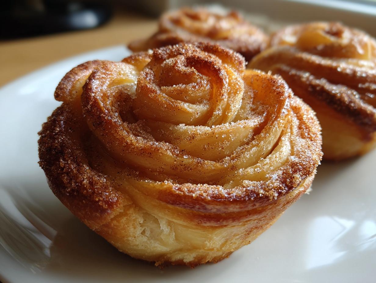 Nahaufnahme einer frisch gebackenen Blätterteig-Apfelrosen, bestreut mit Zimt und Zucker auf einem weißen Teller.