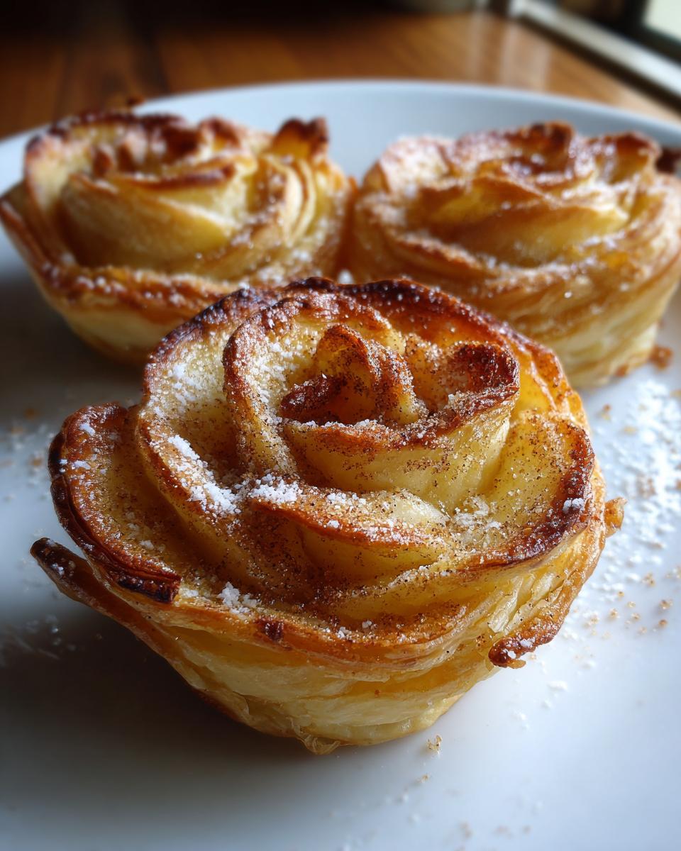 Drei fertige Blätterteig-Apfelrosen, bestreut mit Zimt und Puderzucker, auf einem weißen Teller.