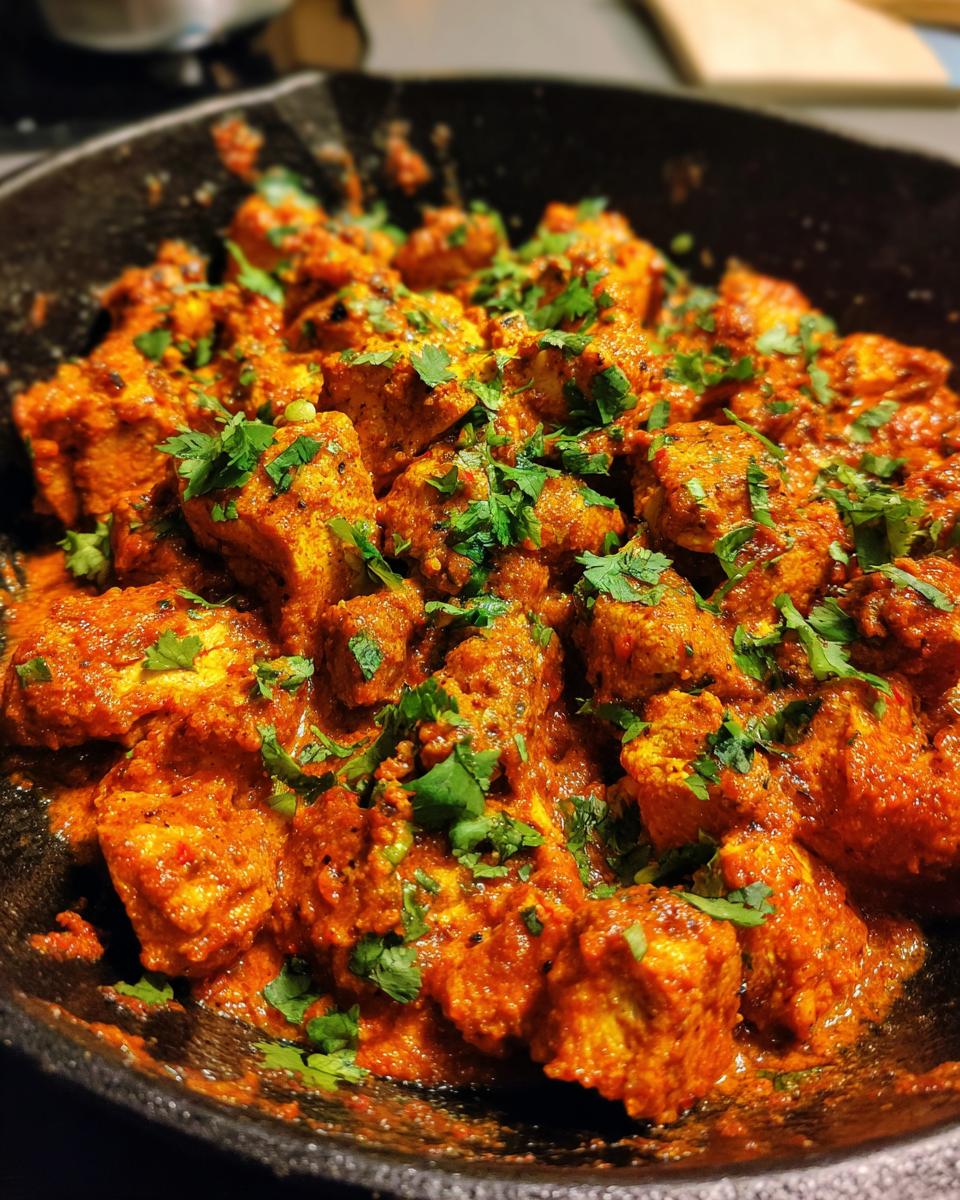 Nahaufnahme der würzigen Butterhähnchen Texas Style Pfanne mit viel roter Sauce und frischem Koriander.