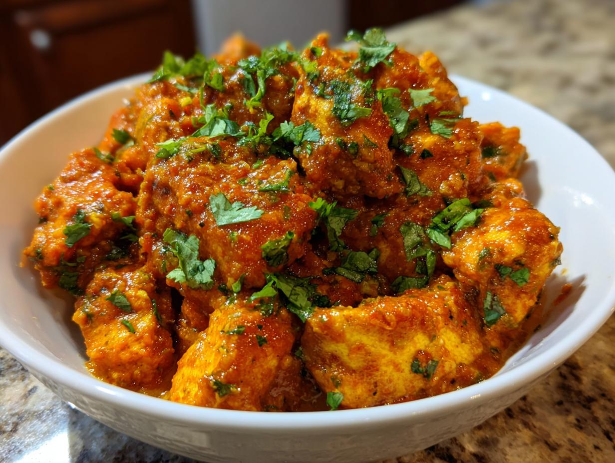Nahaufnahme von saftigem Butterhähnchen Texas Style Pfanne in einer weißen Schüssel, garniert mit frischem Koriander.