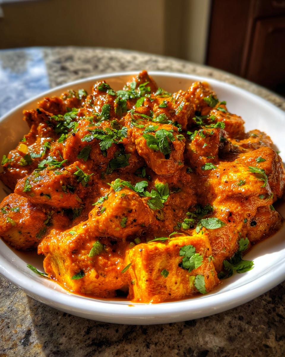 Nahaufnahme von Butterhähnchen Texas Style Pfanne mit cremiger roter Soße und frischer Petersilie.