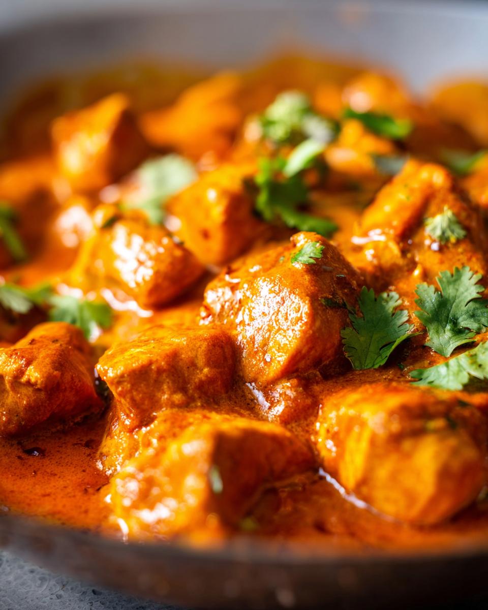 Nahaufnahme von saftigen Hähnchenstücken in einer cremigen, orangefarbenen Sauce, garniert mit frischem Koriander, typisch für Butterhähnchen Texas Style Pfanne.