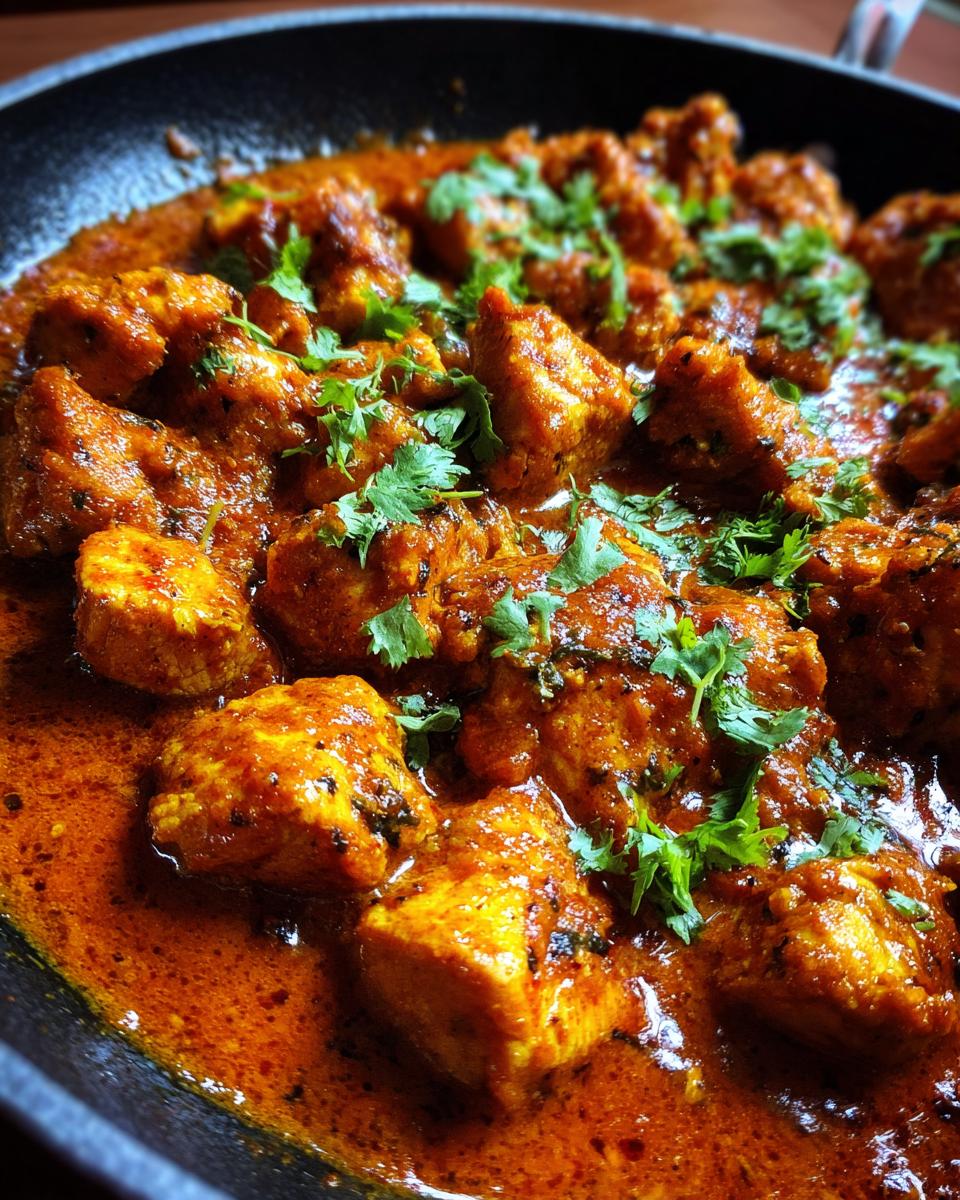 Nahaufnahme von saftigen Hähnchenstücken in einer reichhaltigen, roten Soße, garniert mit Koriander, typisch für Butterhähnchen Texas Style Pfanne.