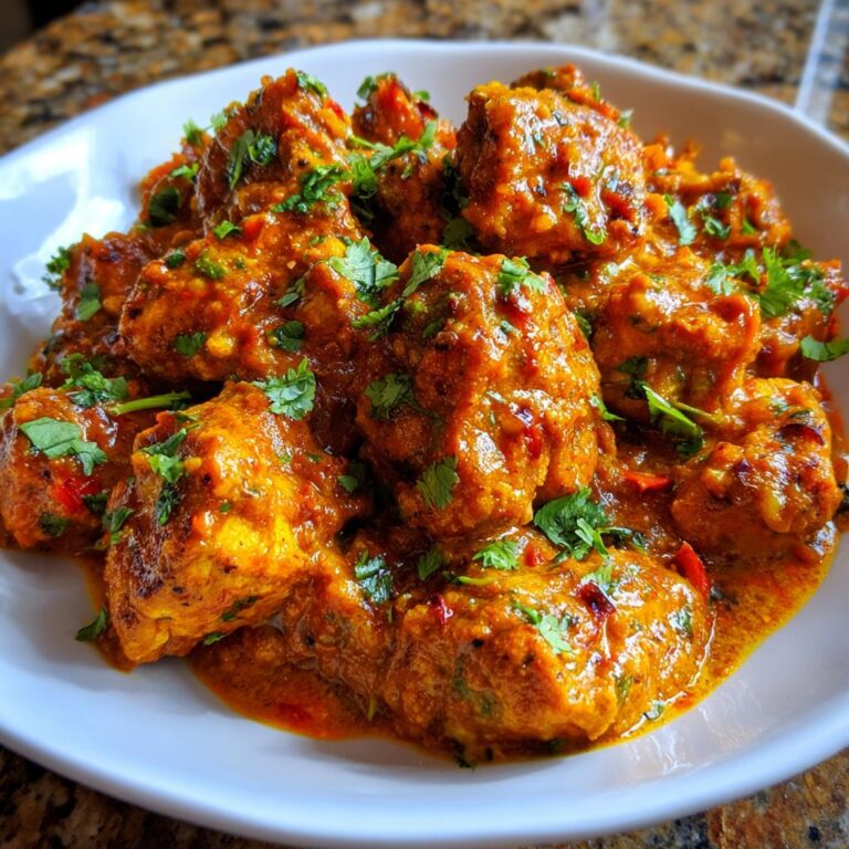 Nahaufnahme von saftigen Hähnchenstücken in einer reichhaltigen, orange-roten Sauce, garniert mit frischem Koriander, typisch für Butterhähnchen Texas Style Pfanne.