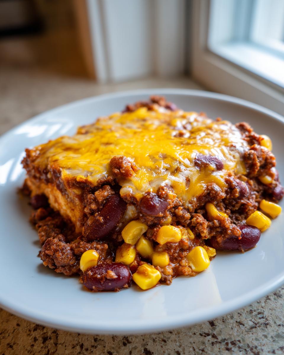 Ein Stück saftiger Cowboy-Auflauf mit Hackfleisch, Kidneybohnen, Mais und geschmolzenem Cheddar-Käse.