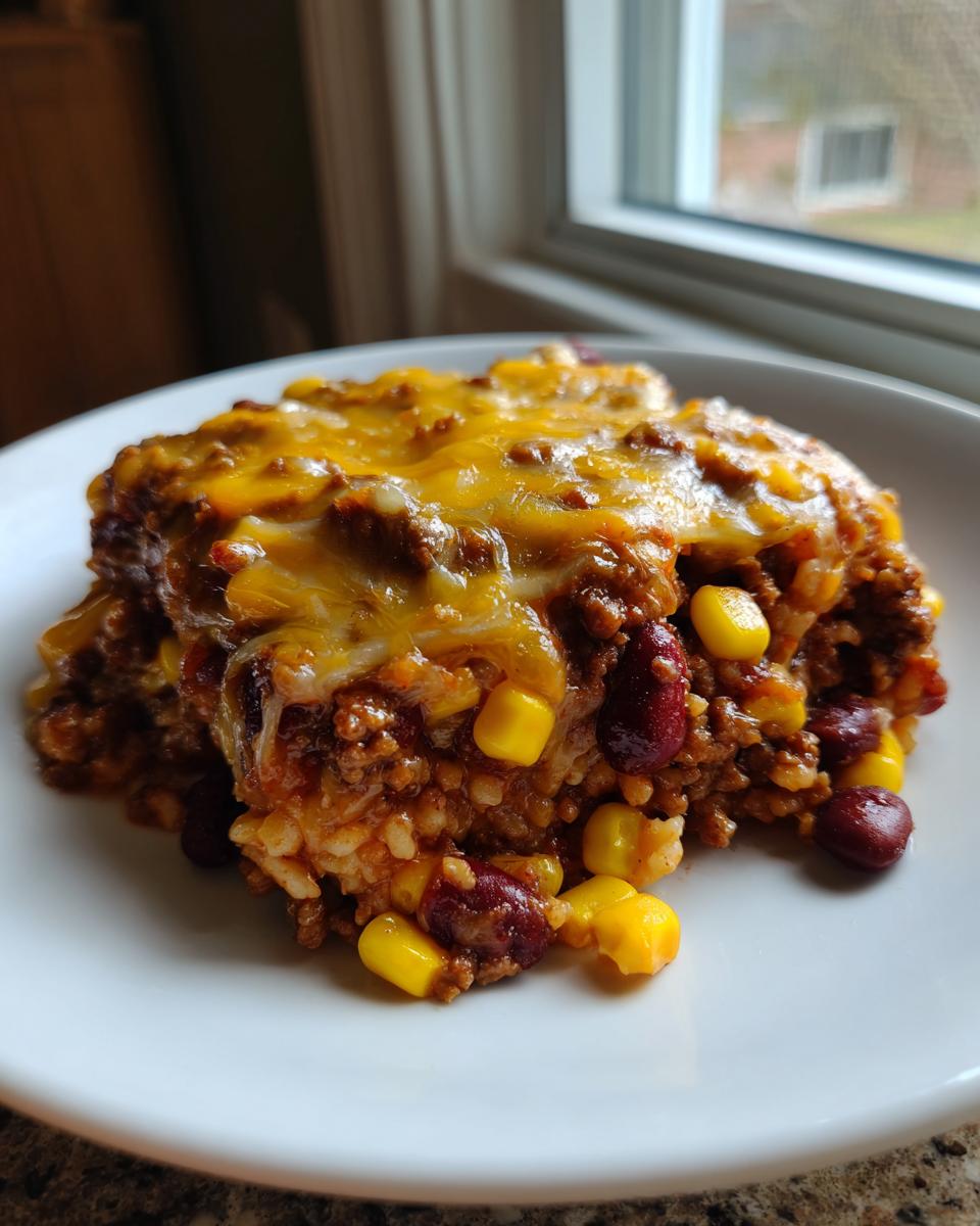 Ein Stück Cowboy-Auflauf Rezept mit Hackfleisch, Reis, Mais und Bohnen, bedeckt mit geschmolzenem Käse.