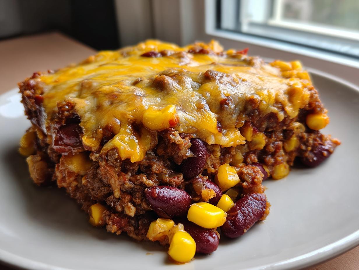 Ein Stück Cowboy-Auflauf Rezept mit Hackfleisch, Kidneybohnen, Mais und geschmolzenem Käse.