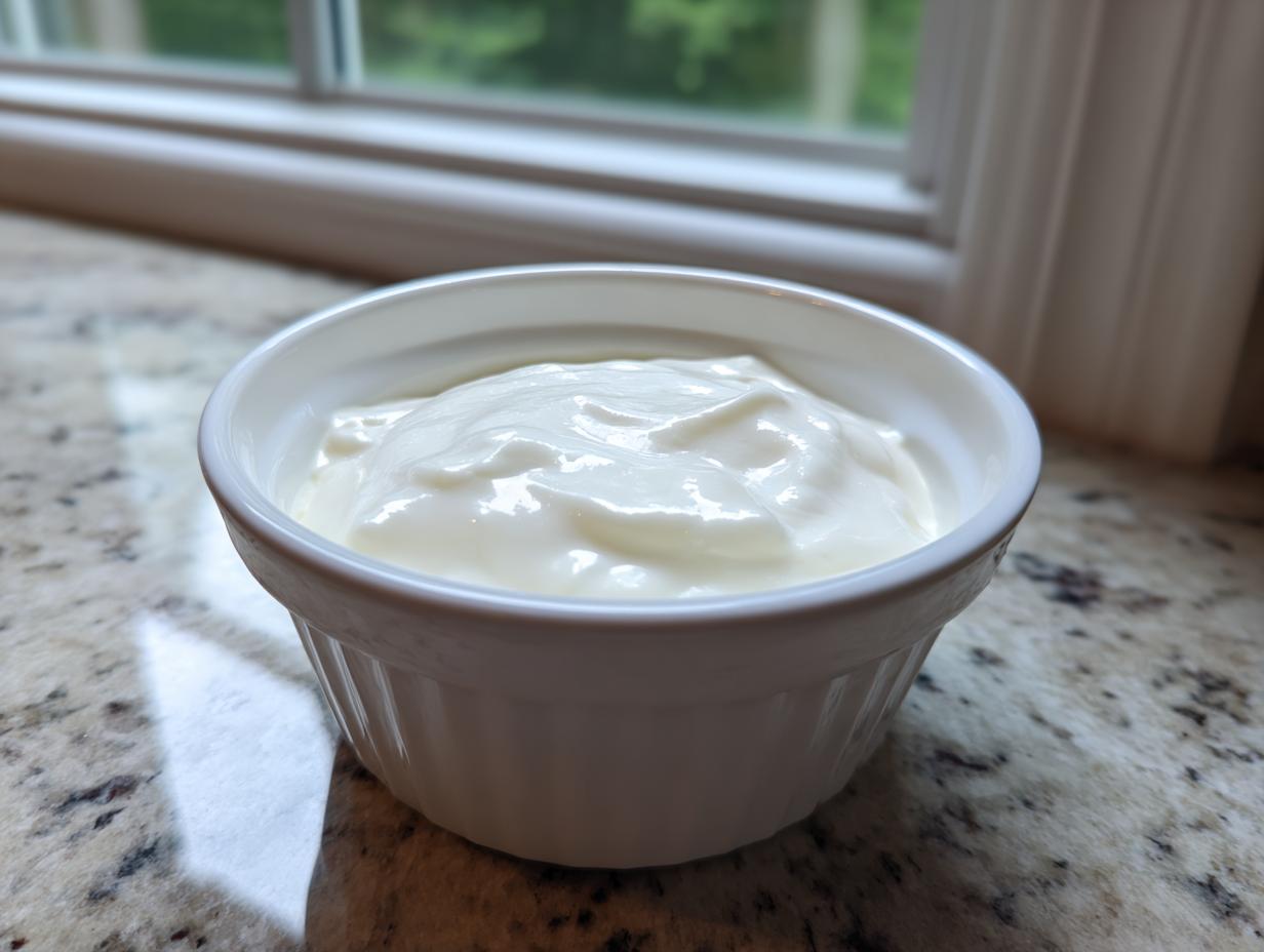 Eine kleine weiße Schale mit cremiger, weißer Sauce, möglicherweise Creme Fraiche, für das Bechamelsauce rezept.