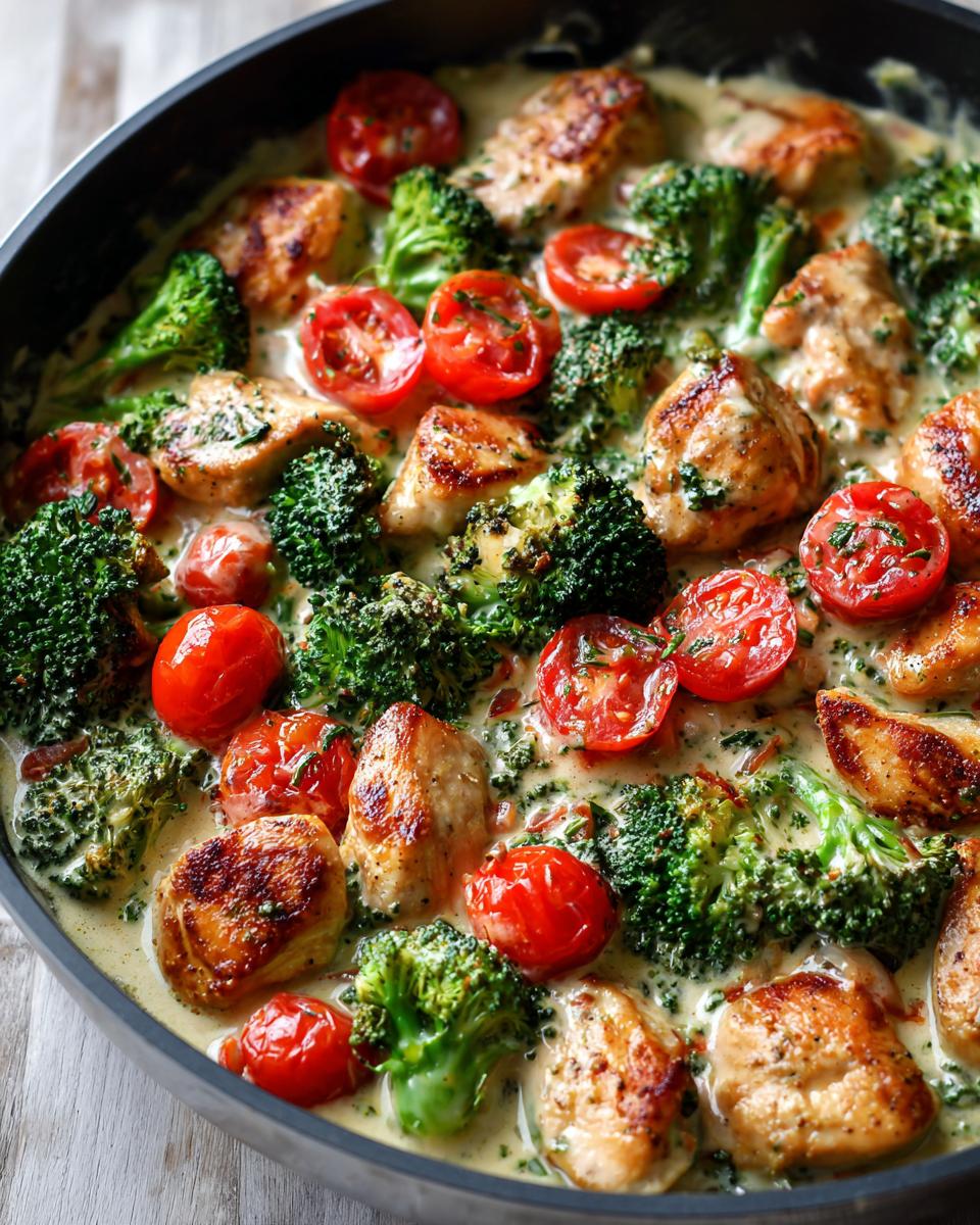 Nahaufnahme einer Cremige Brokkoli-Hähnchen-Pfanne mit Tomaten in einer dunklen Pfanne.
