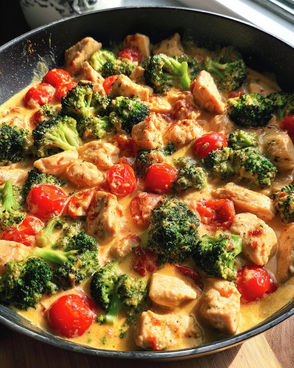 Nahaufnahme der Cremige Brokkoli-Hähnchen-Pfanne mit Tomaten in einer dunklen Pfanne mit cremiger Sauce.