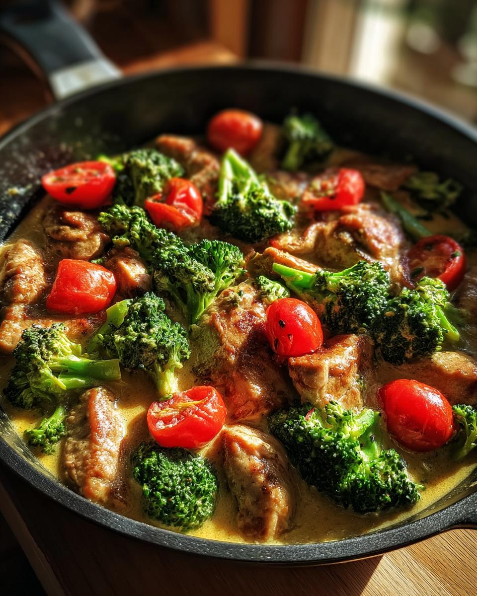 Nahaufnahme der Cremige Brokkoli-Hähnchen-Pfanne mit Tomaten in einer dunklen Pfanne.