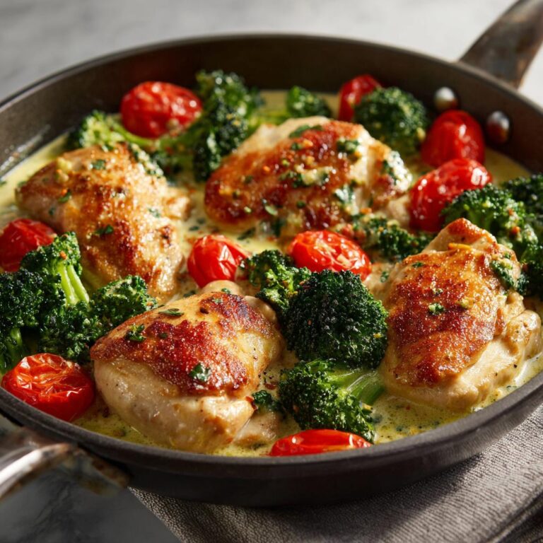 Gebratene Hähnchenteile in einer cremigen Soße mit Brokkoli-Röschen und Kirschtomaten in einer Pfanne, Cremige Brokkoli-Hähnchen-Pfanne mit Tomaten.