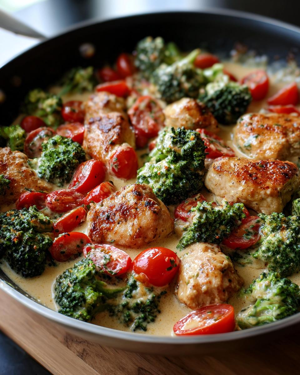 Nahaufnahme der Cremige Brokkoli-Hähnchen-Pfanne mit Tomaten in einer Pfanne, mit saftigen Hähnchenstücken.