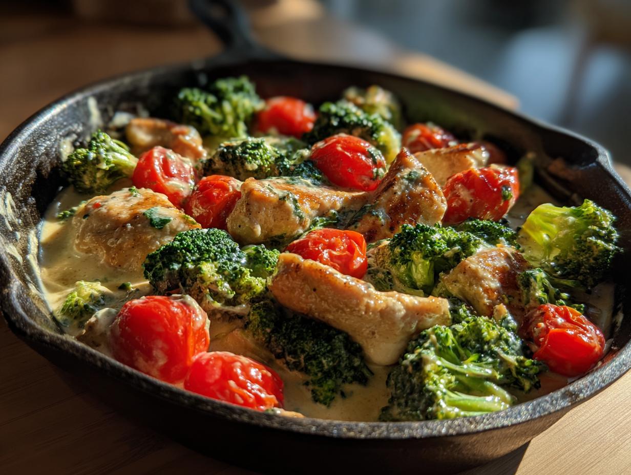 Nahaufnahme der Cremige Brokkoli-Hähnchen-Pfanne mit Tomaten in einer gusseisernen Pfanne, bedeckt mit cremiger Sauce.