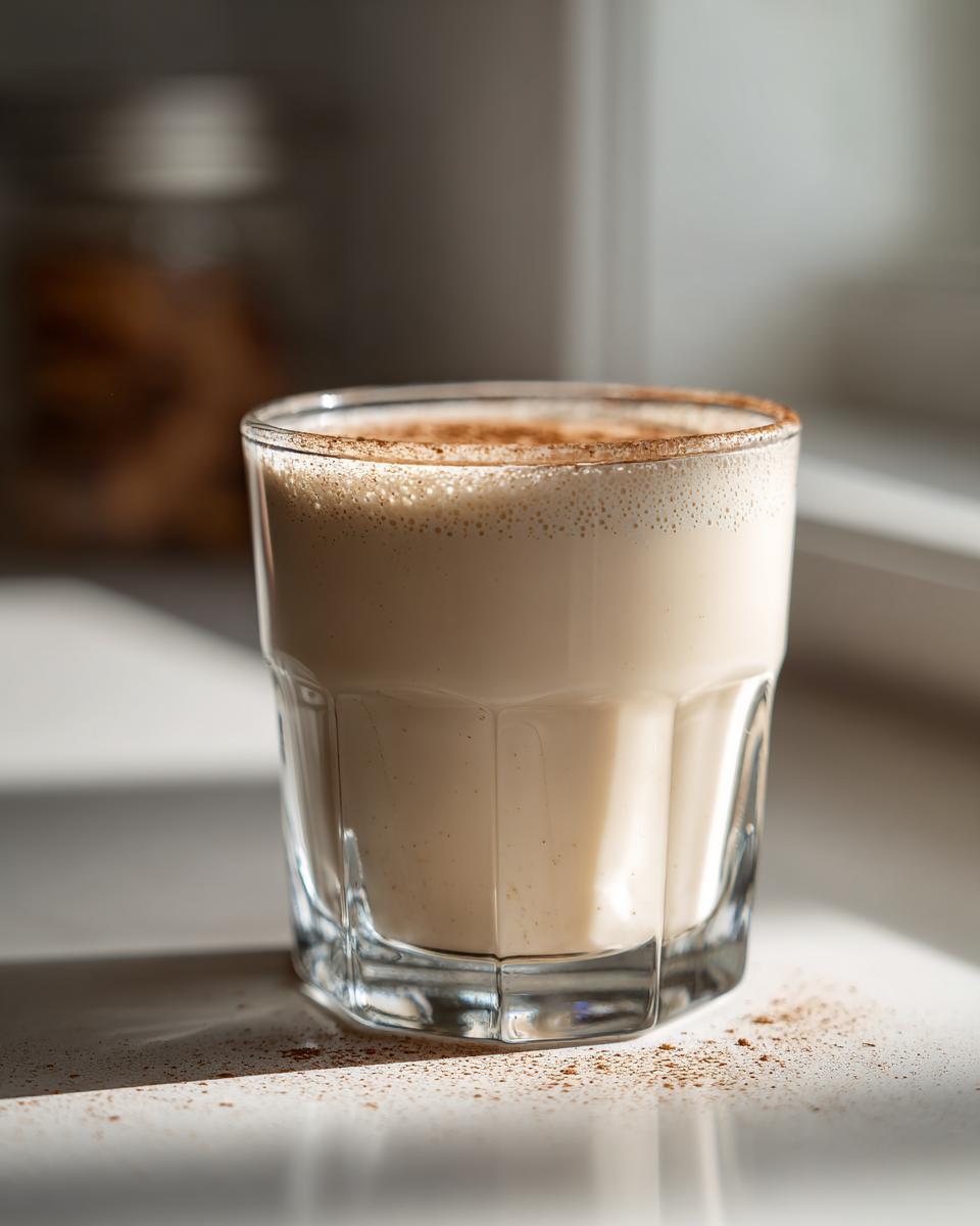 Ein Glas cremiger Engelchen-Likör, garniert mit Zimt, steht im hellen Sonnenlicht.