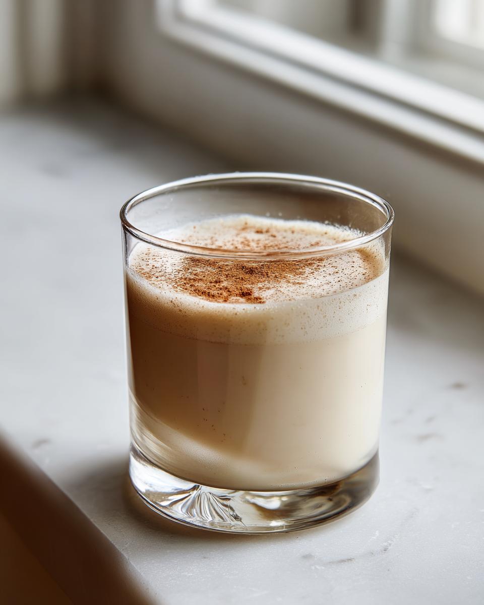 Ein Glas cremiger Engelchen-Likör, garniert mit Zimt, steht auf einer hellen Marmoroberfläche.